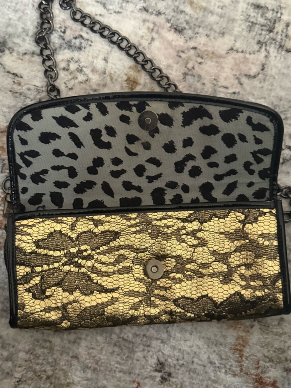 Betsey Johnson Gold and Black Lace-Overlay Chain Clutch - Picture 2 of 7